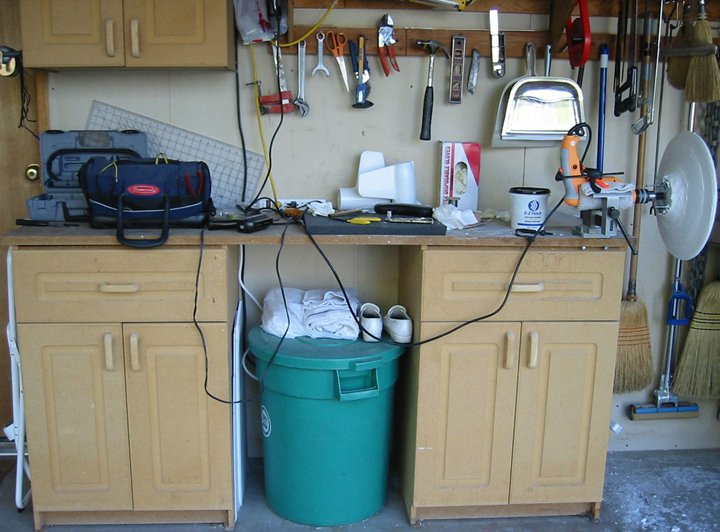 Work area in what remains of the garage